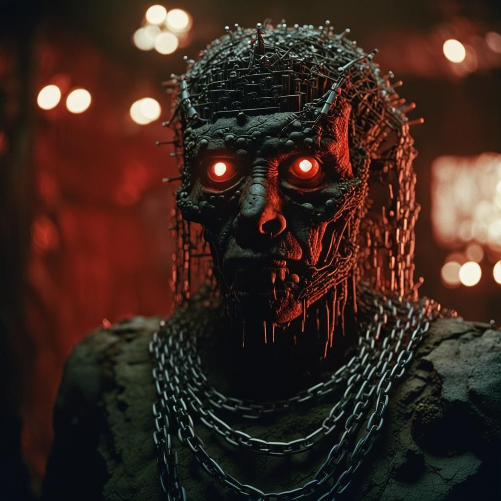 A monster made out of chains and pins, many red eyes, facrory ruins context, rich lights, insane details, cinematic, photorealist, ultra-rea...