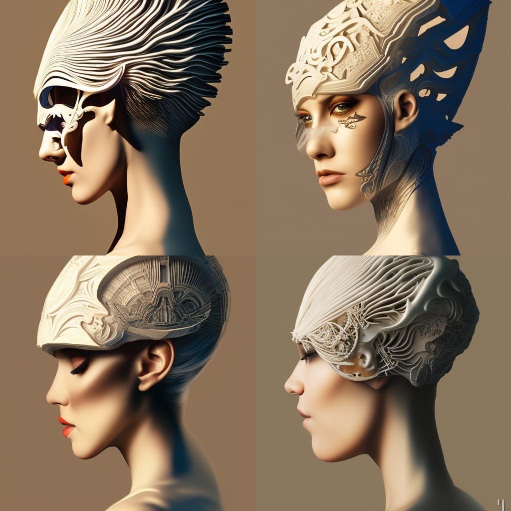 side portrait, futuristic headpiece on woman made of carved white bone