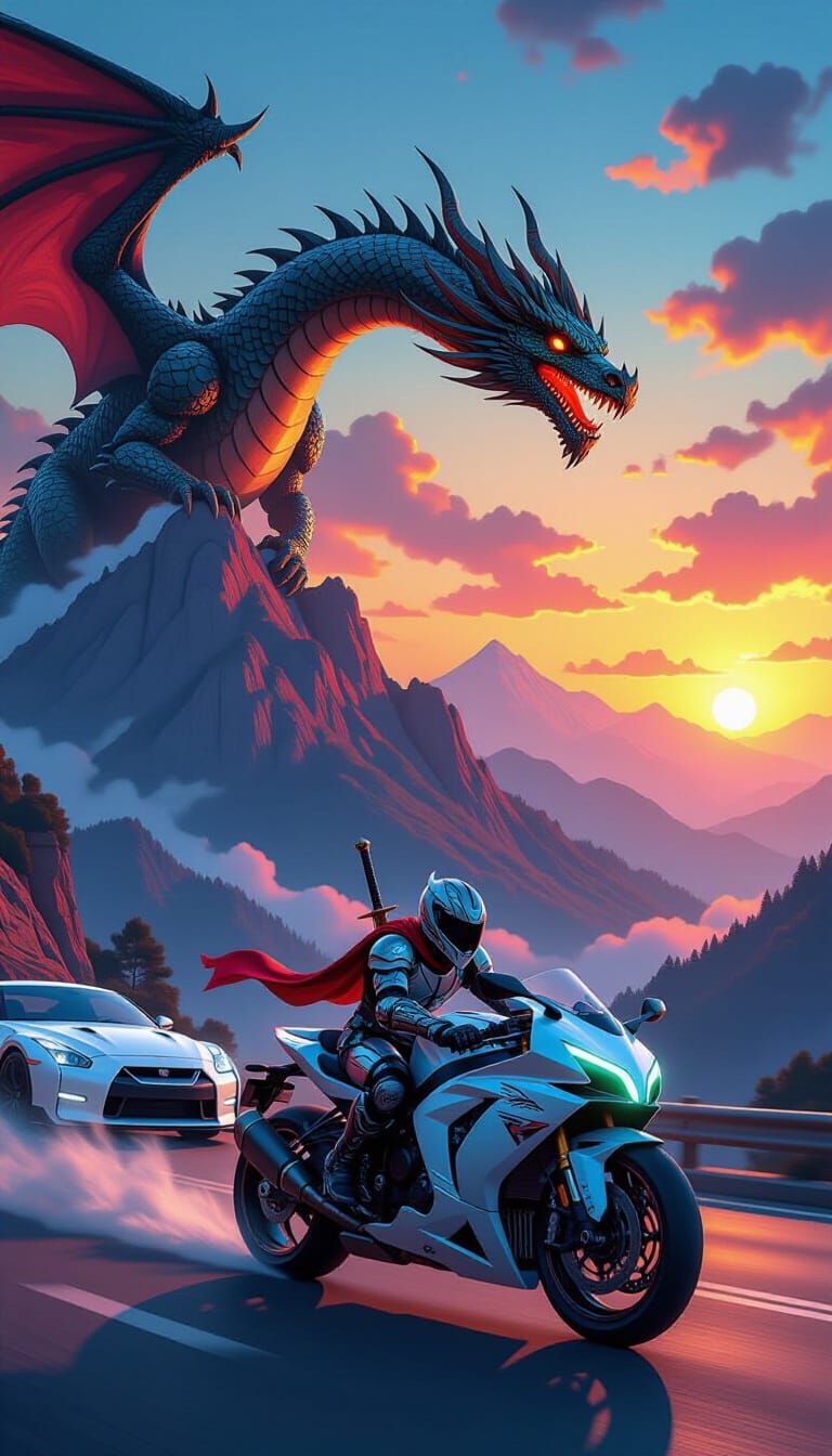 A stunning image of a Syrian dragon soaring over a verdant mountain, with a futuristic warrior in armor holding a Damascus steel sword at it...