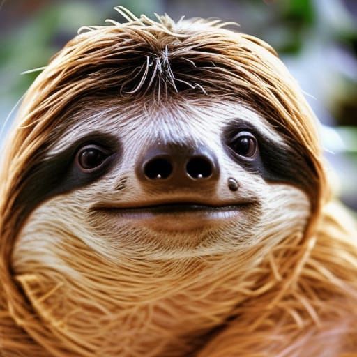 Sloth baby smiling, jungle in the background