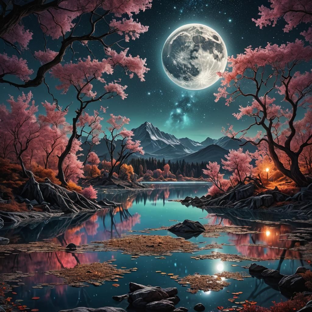 Epic moonlit lake  by @Ai in training