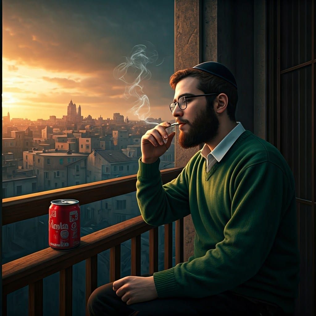 Orthodox Man Smokes Cigarette on Balcony in Cozy Setting