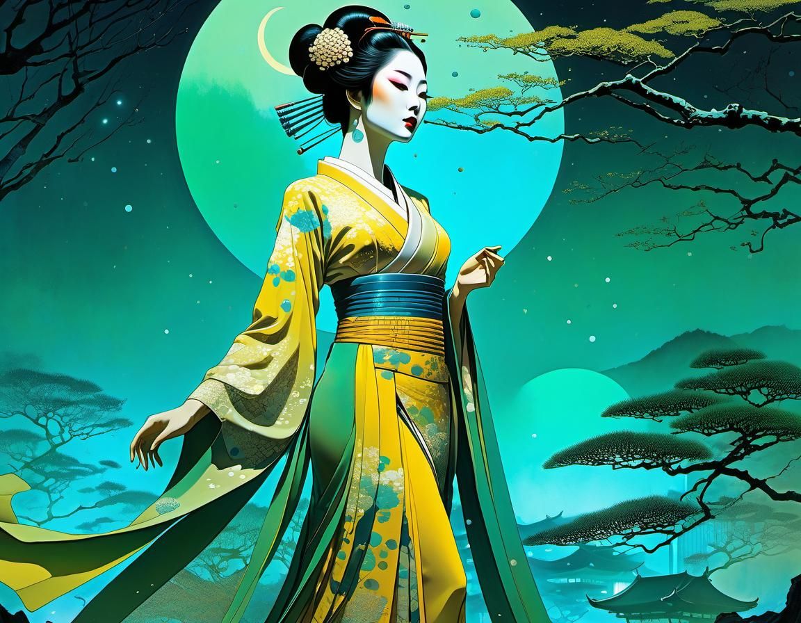 YELLOW/GREEN KIMONO ILLUSTRATION