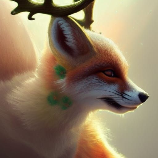 cute small earth fox with deer antlers and flowers on its bo...