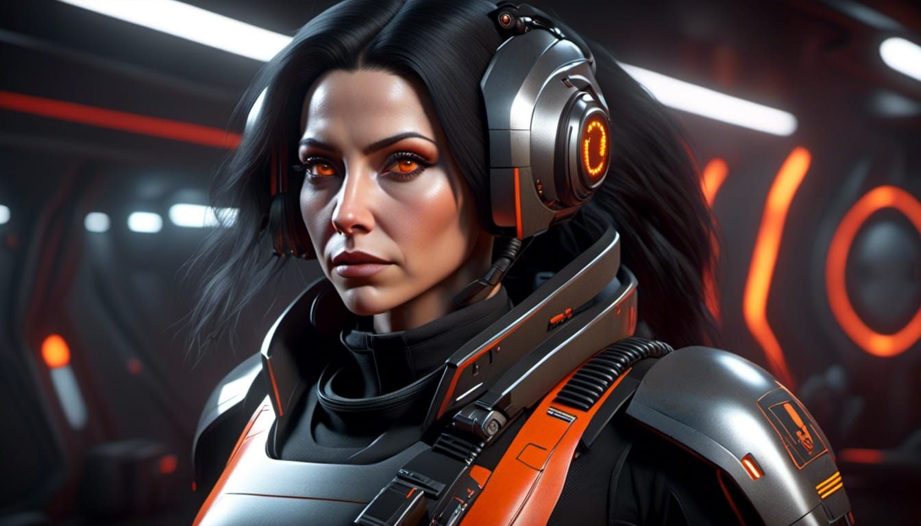 <lora:Sci-Fi Fusion:1.0>  A chubby young alien female, long dark gray hair, bright orange eyes, wearing a black combat medic uniform. Star W...