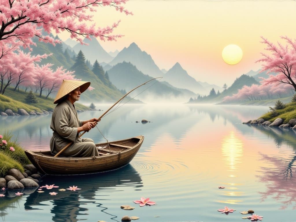 <lora:Luminosity:1.0> a japanese fisherman fishing in a puddle of paint atop a paint pallet, with 3d mountains and a quiet lake made of pain...