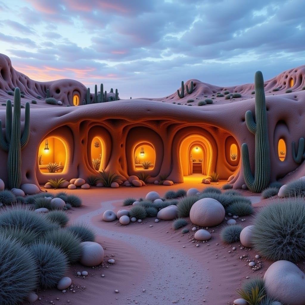 Warm Adobe House Portrait in Desert Landscape