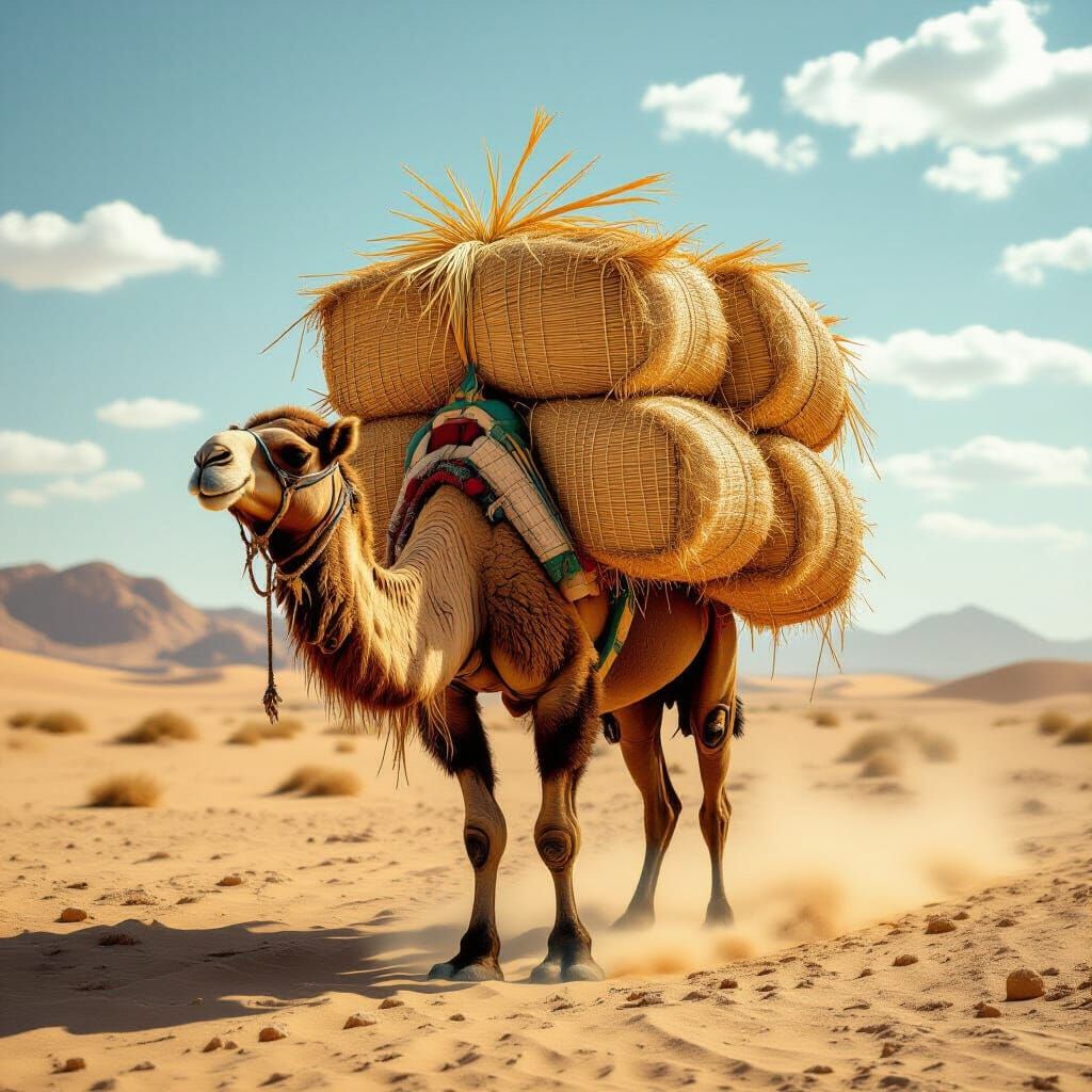 Dusty Camel Laden with Straw in Desolate Desert