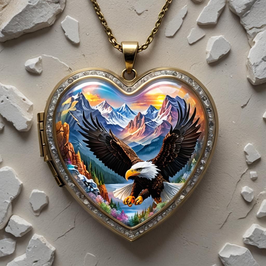 Flying Bald Eagle Soaring encased inside Crystal heart locket lead