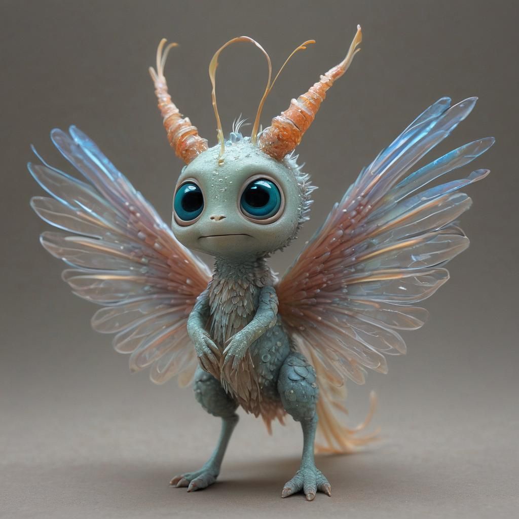 An alien with a light, delicate form, its feathers shimmerin...
