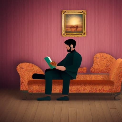 A man who sits on a chaise longue reading from a book, warm ...