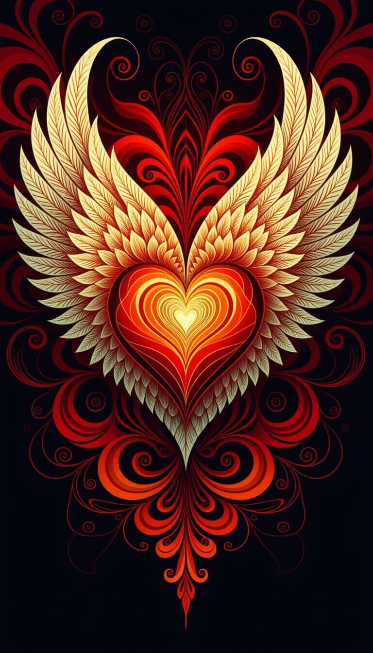 Abstract Flaming Heart With Angel Wings Fractal Art