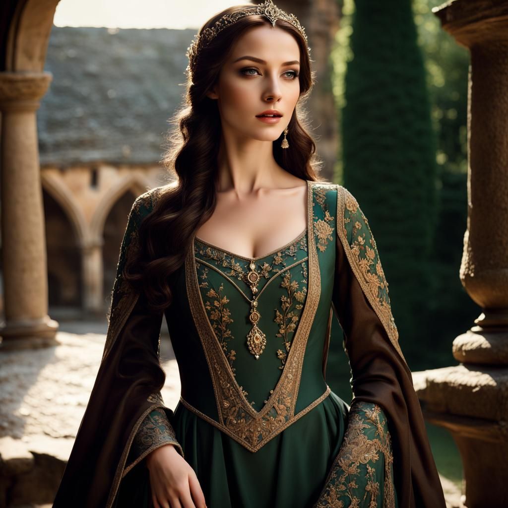 Medieval courtyard, noble gorgeous brunette, stunningly beautiful face ...