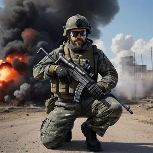 morning. epic scene a soldier on one knee with a small beard...