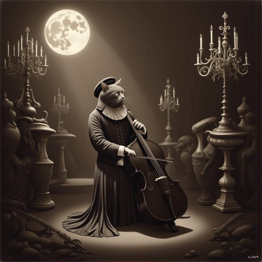 <lora:Mostly Magig 3:1.0> An anthropomorphic cat wearing a Victorian-era waistcoat and top hat, playing a melancholic tune on a cello in a d...