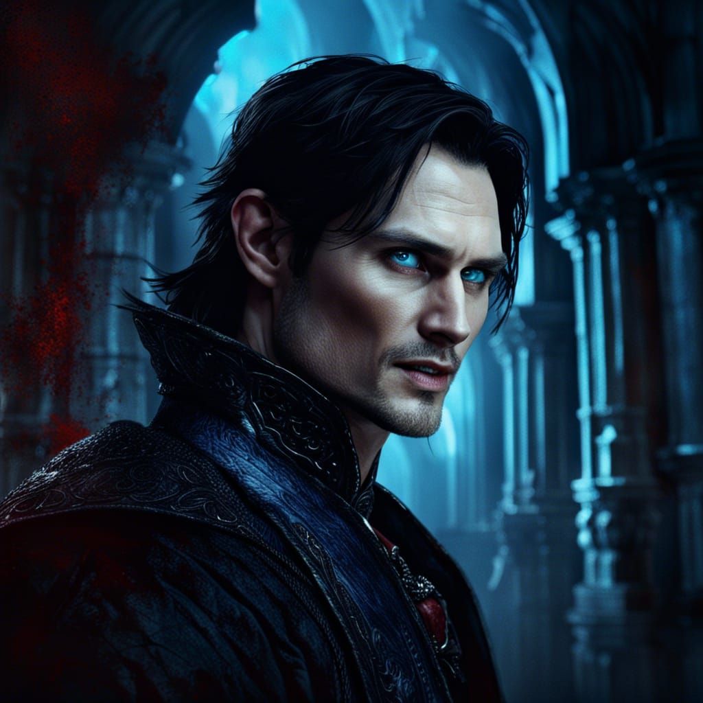 black haired male vampire cruel smile, ice blue eyes and loo...