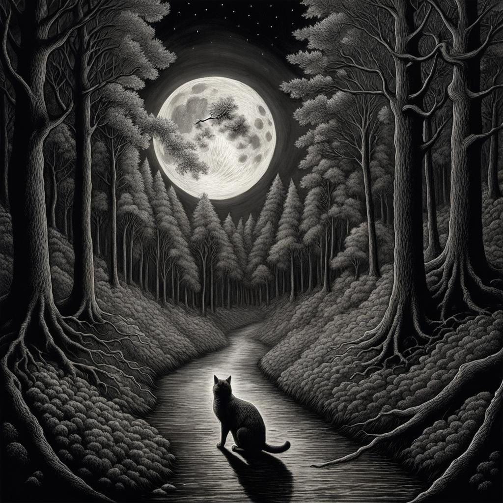 Edward Gorey-style cat on a forest path