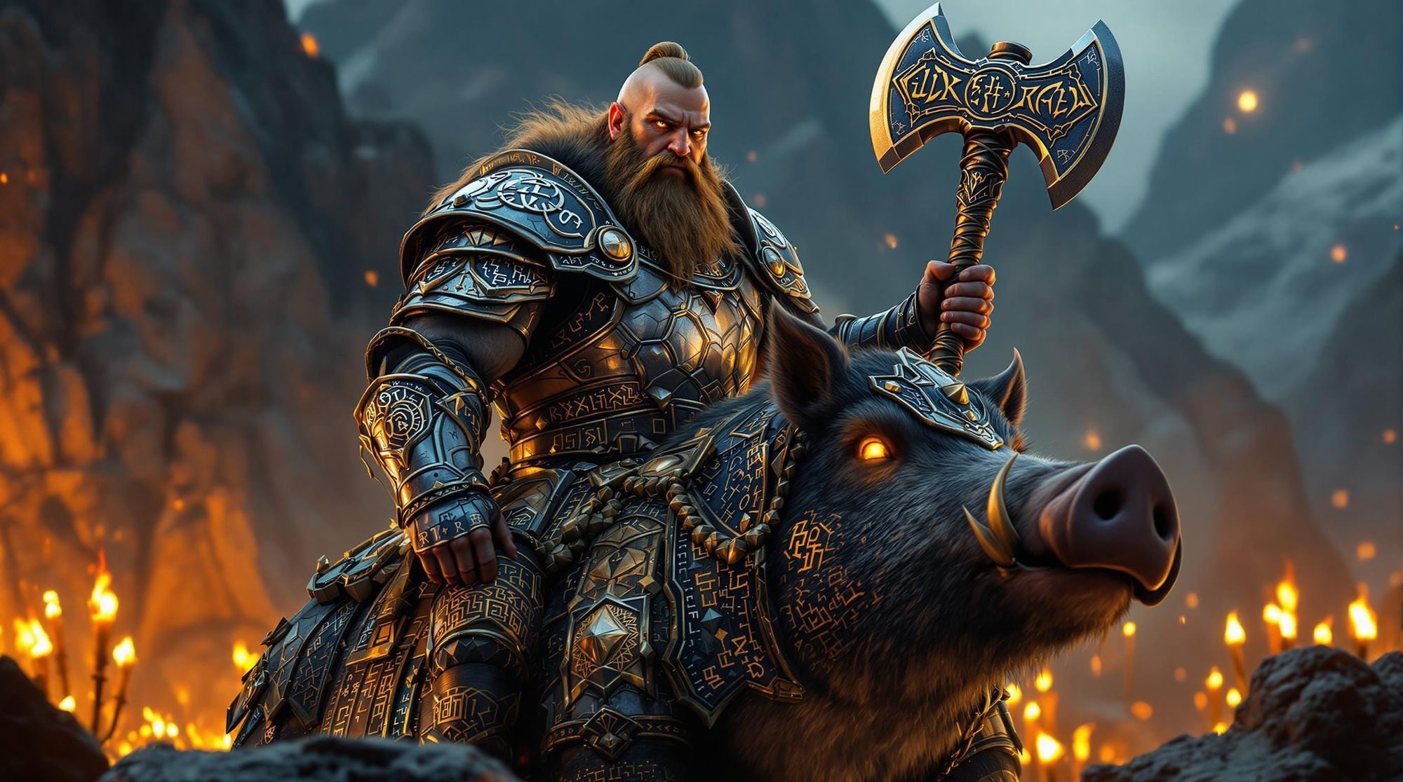 photorealistic, fine-art photography,
Create a dwarf clad in gleaming, intricately designed armor, reflecting the craftsmanship showing intr...