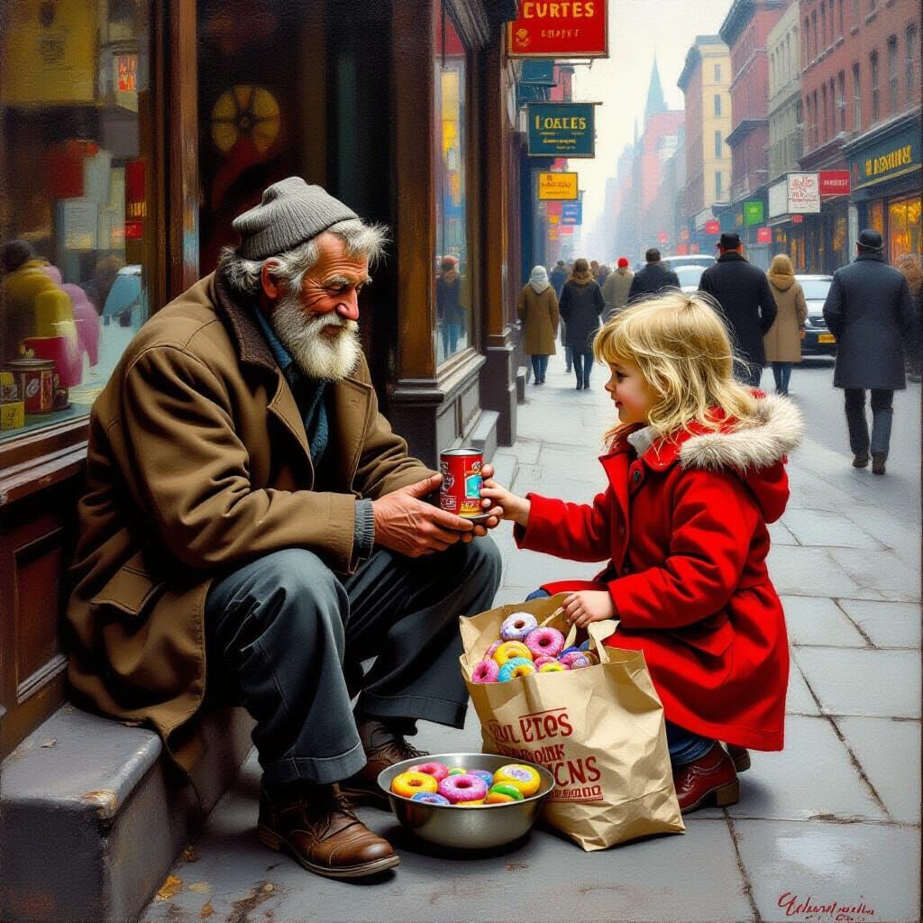 On a busy city street, a beggar sits on the steps to a shop, he has an empty bowl in front of him, a ...  by @Lintumilka Manonka