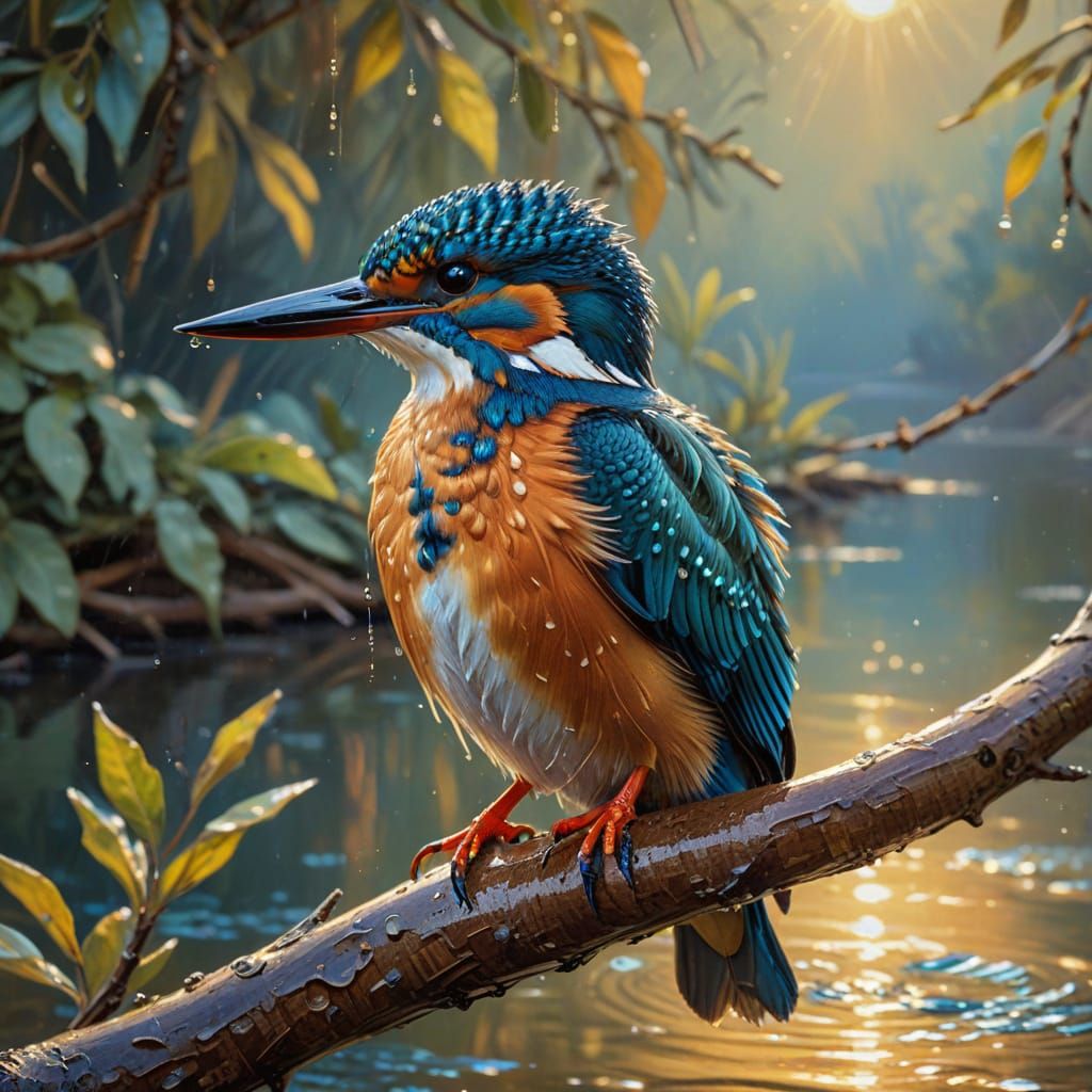 Closeup, Captivating Kingfisher on a branch watching concentrated the lake, tiny water drops on its feathers ...  by @Tatti