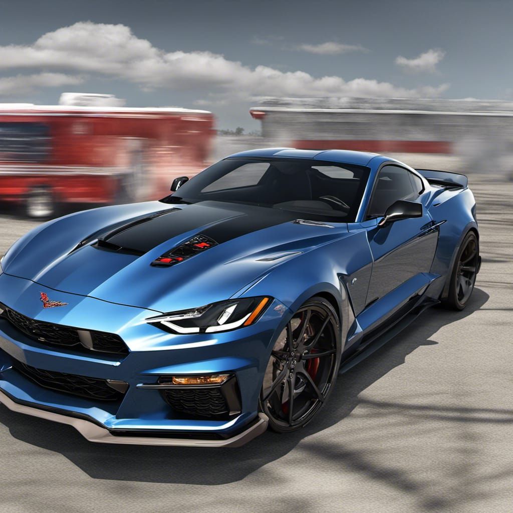 Real 2023 Mustang dragging with a 2023 Corvette, both cars s...