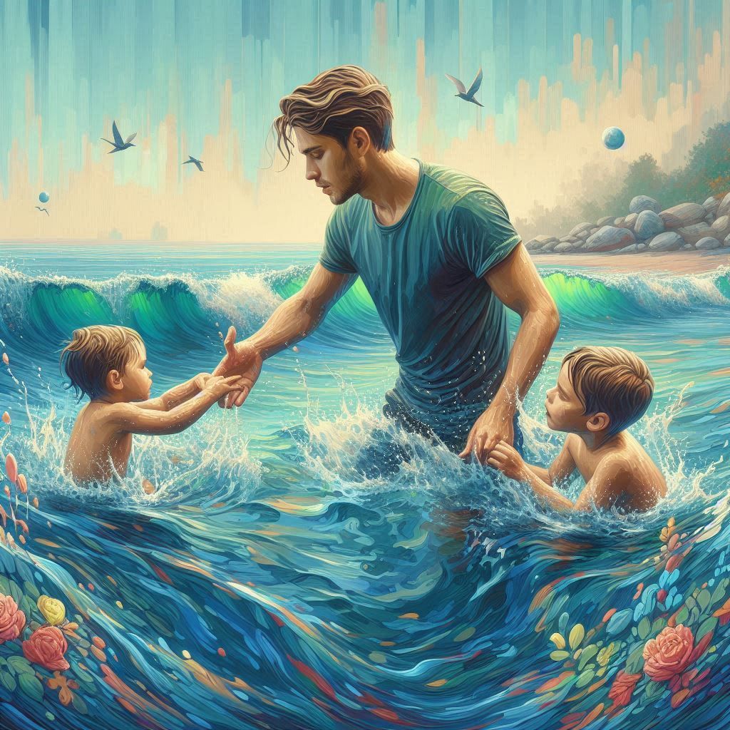 A young father teaching to swim to his children sons