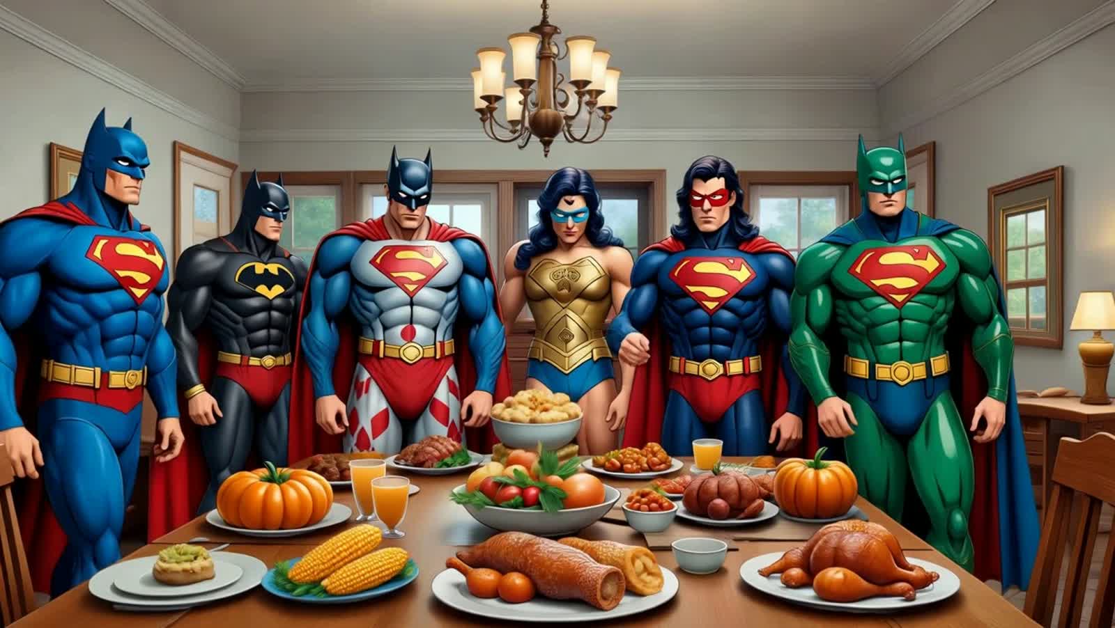 Norman Rockwell’s Four Freedoms Thanksgiving painting with DC Comics characters as the people in the painting.   Sort of...