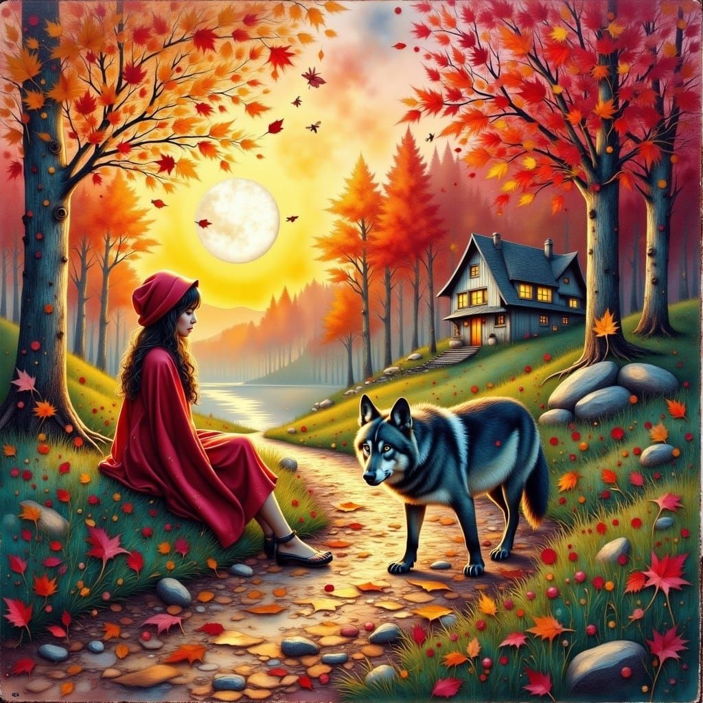 Best quality, Spiriling Double exposure close up red riding hood and wolf Digital watercolor Illustration of a landscape sunset, Fantasycore...