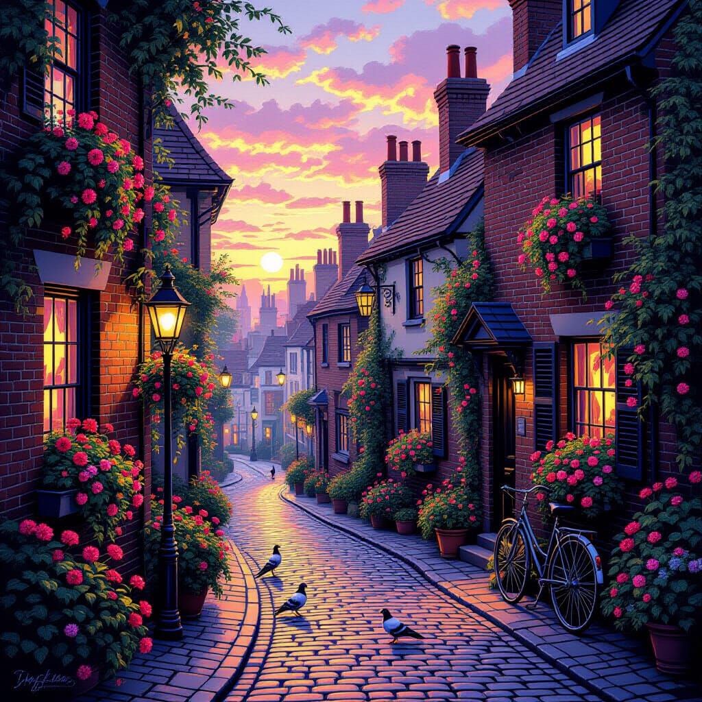 Dreamlike Pointillist Sunset in Old London