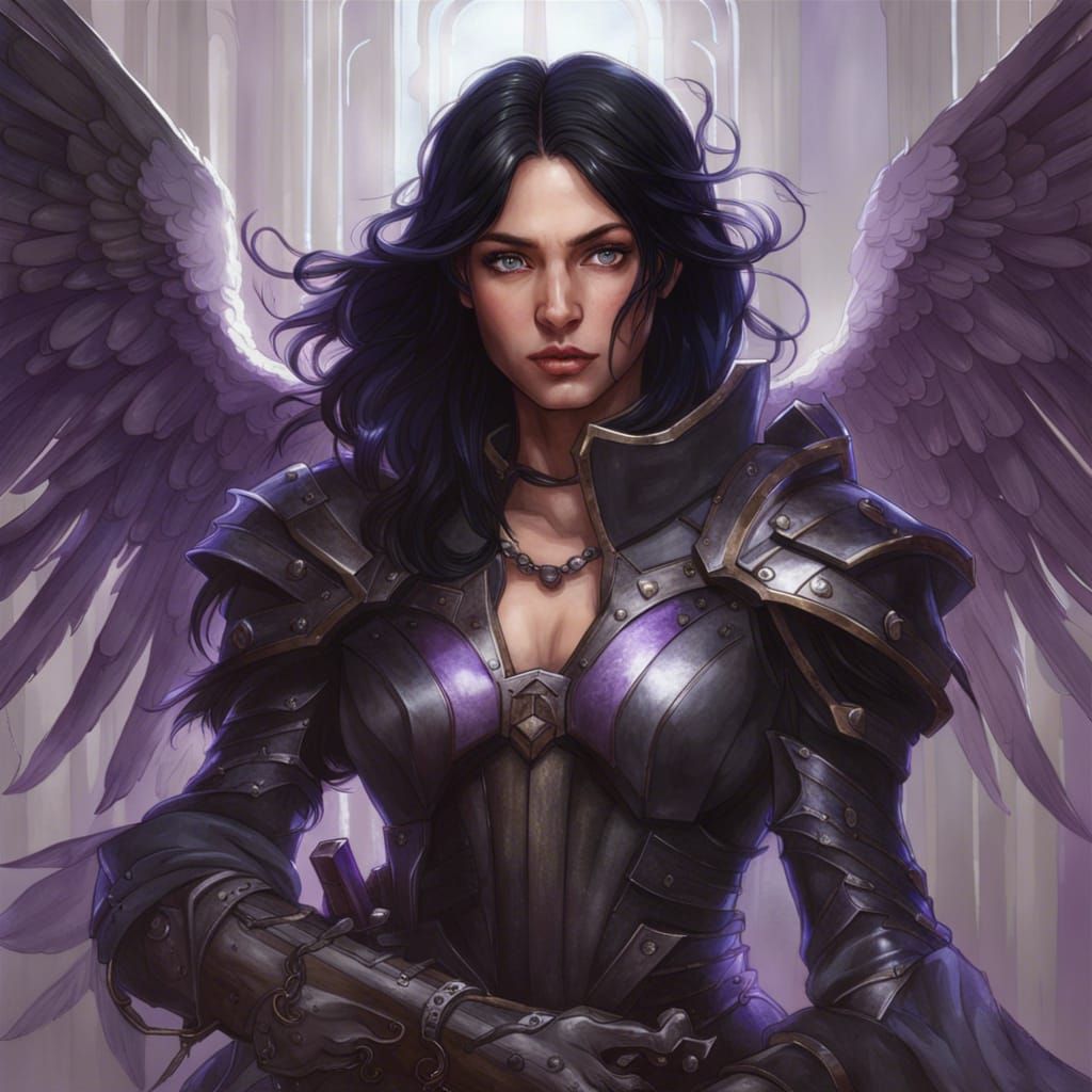 Black hair angel with leather armor and a hand crossbow and purple eyes ...