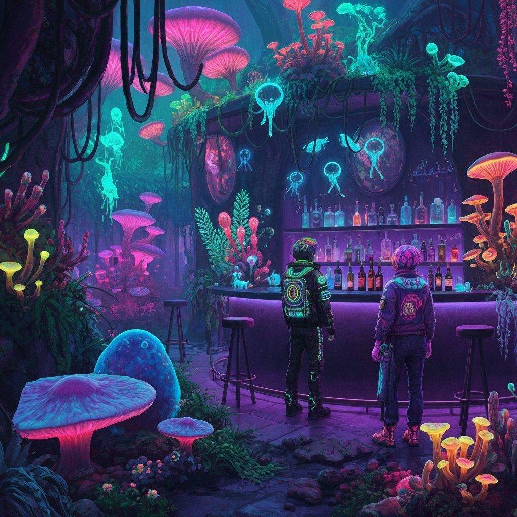 alien bar filled with glowing plants and unknown creatures punkoïd academy where recruits prepare for carnival journeys