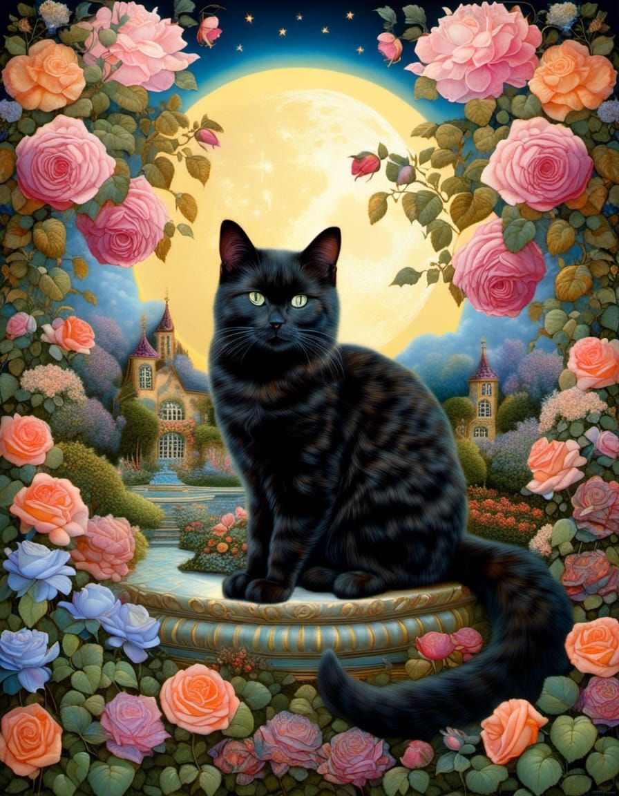 Absolutely stunning, an elegant tortoiseshell Cat amid multi-hued blooms of a rose garden, digitally enhanced, dazzling flower garden, hyper...