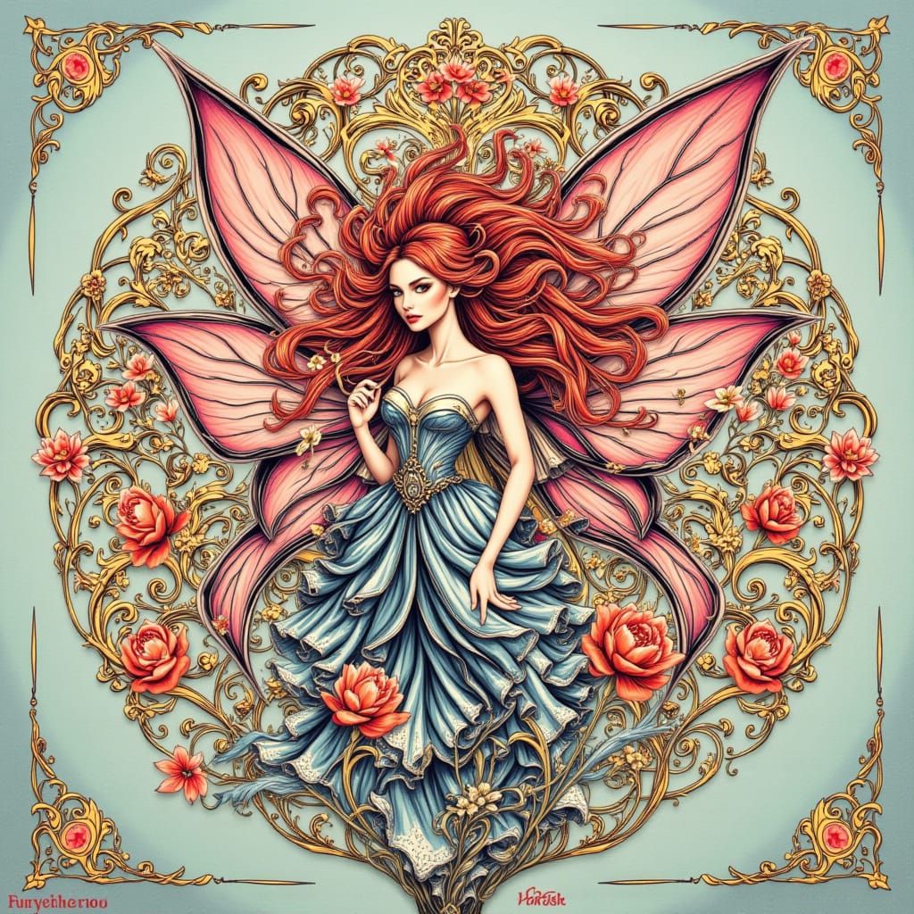 a detailed blossom with filigree designs, a fairy queen, colorful <lora:Calligraphy Style:1.0>