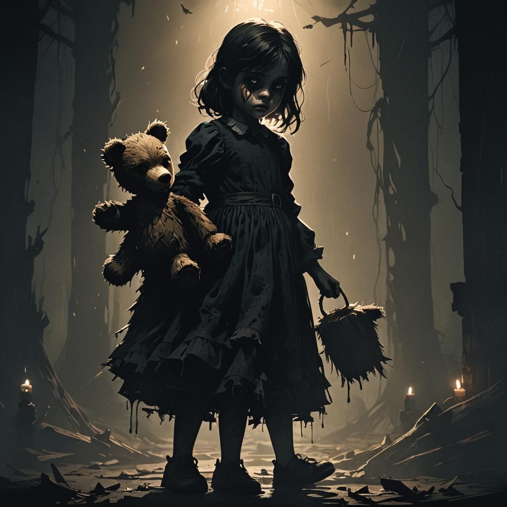 Demon standing behind a little girl holding a toy bear