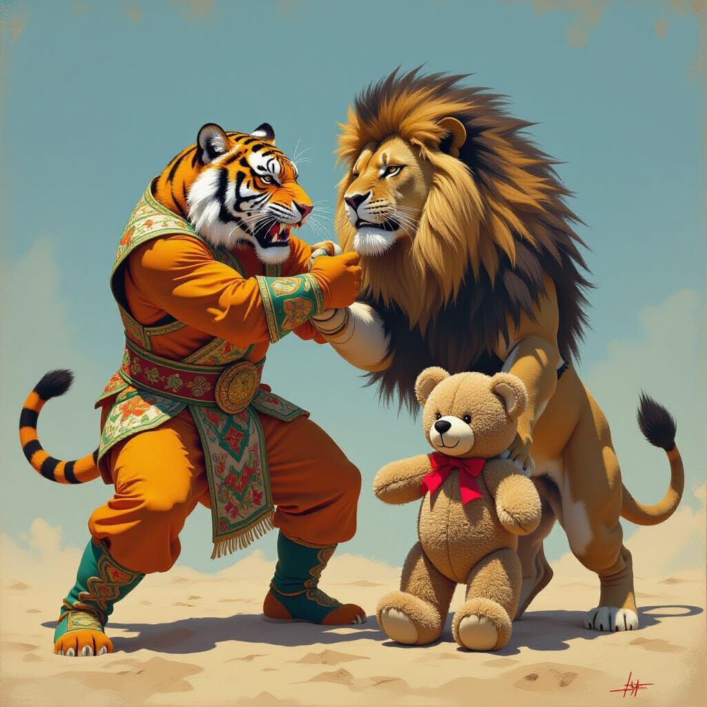 Tiger Wrestler Battles Lion with Teddy Bear