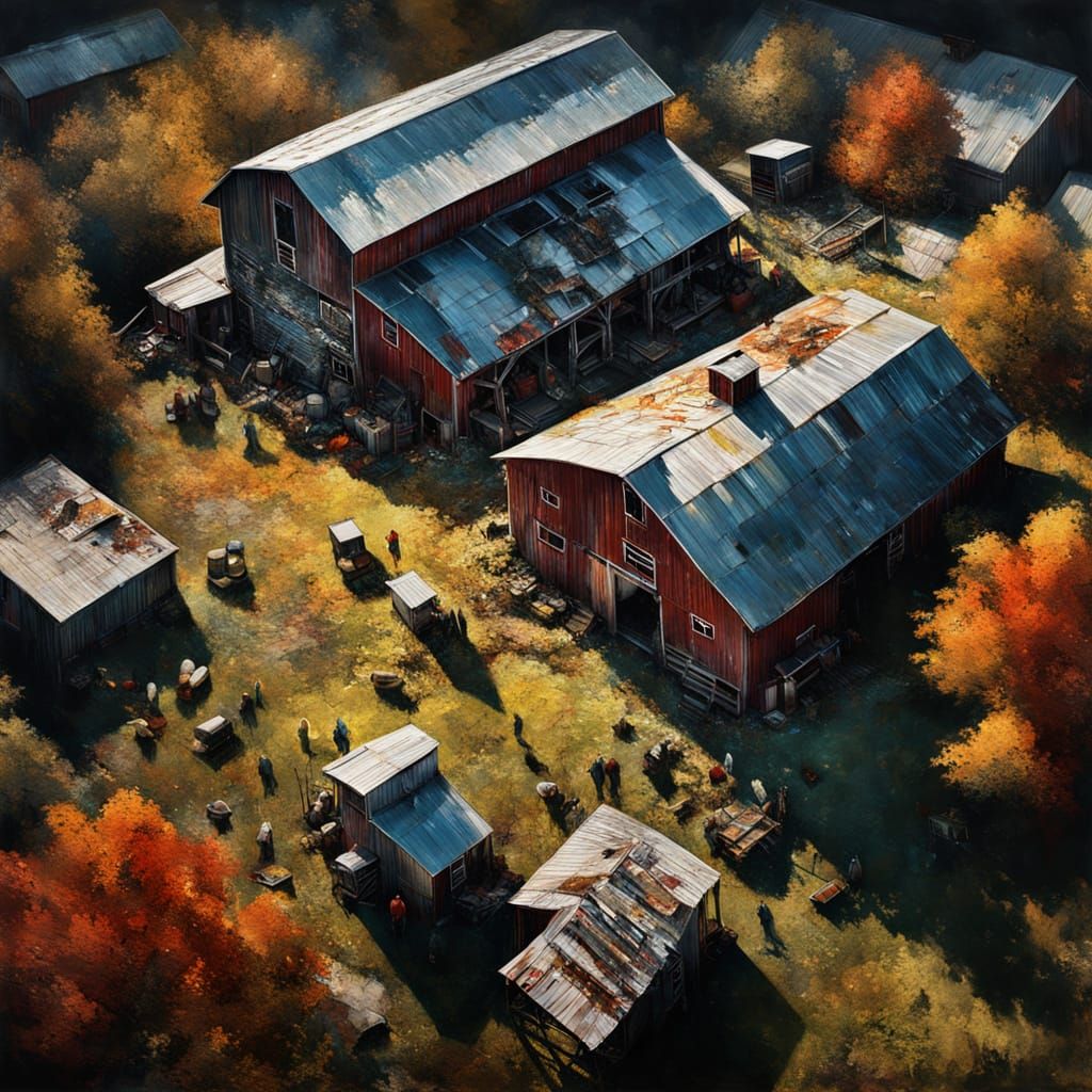 Abstract airbrush portrait. Dadaism, birds eye view of a barnyard, dramatic volumetric lighting, by Jeremy ...  by @MrKitWalker