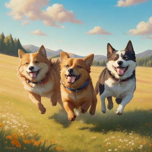 Happy Dog Running in Sunny Meadow as Oil Painting