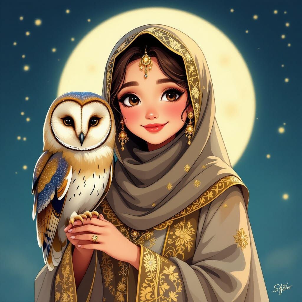 Girl in Islamic Dress with Owl, Dreamy Art