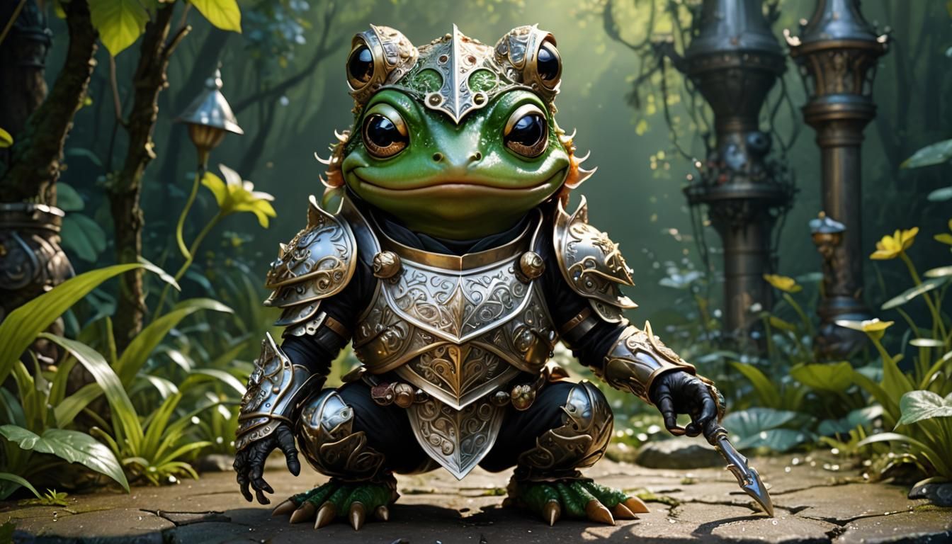 Adorable Little " beautiful and cute chibi anthropomorphic frog knight, engraved ornate armor made of silver and steel "...