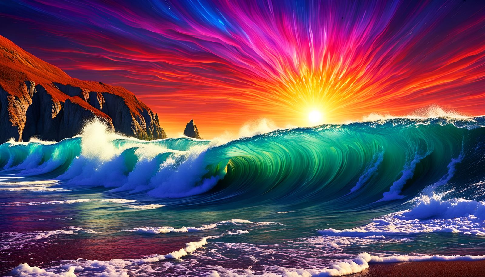 fantasy world, colorful, sunset, starscape, landscape, seasc...