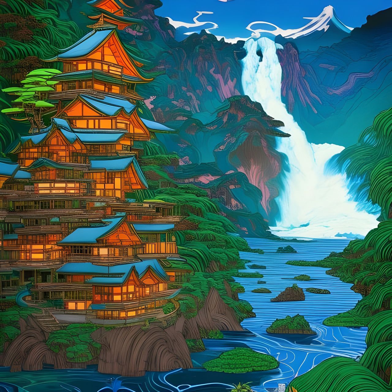 Fantastical Floating Islands with Volcanoes, Photoillustrati...