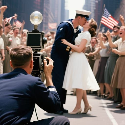 A colorized 1940s-style street photograph in Times Square on V-J Day. Crowds of joyful people celebrate the end of World War II, waving flag...