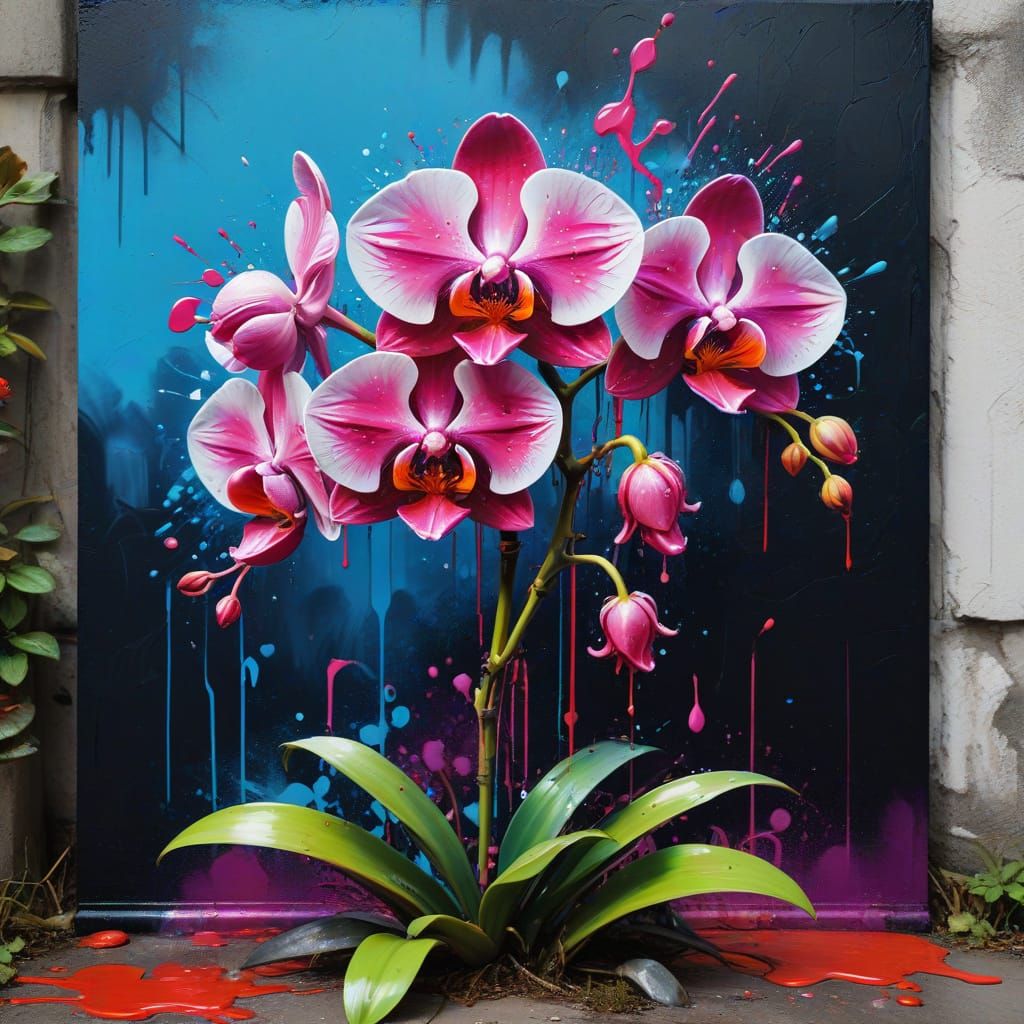 Surreal Orchid Blooms in Vibrant Street Art Scene