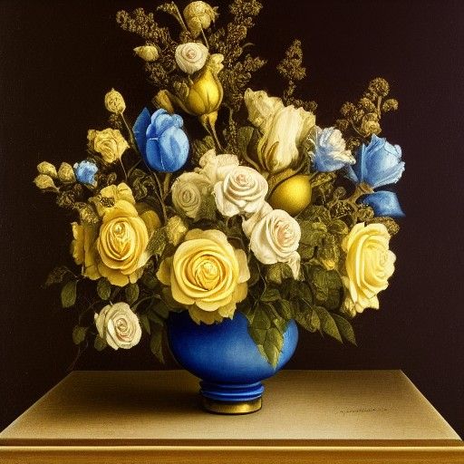 Victorian era style painting. Yellow and blue roses in a gol...