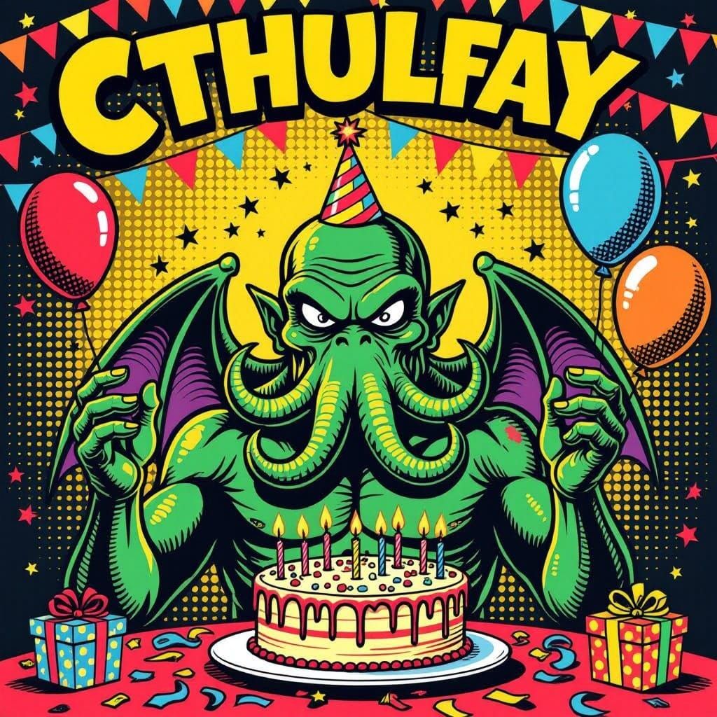 Cthulhu having a joyful birthday party, surrounded by colorful decorations, balloons, and a large birthday cake with candles. Pop art style ...