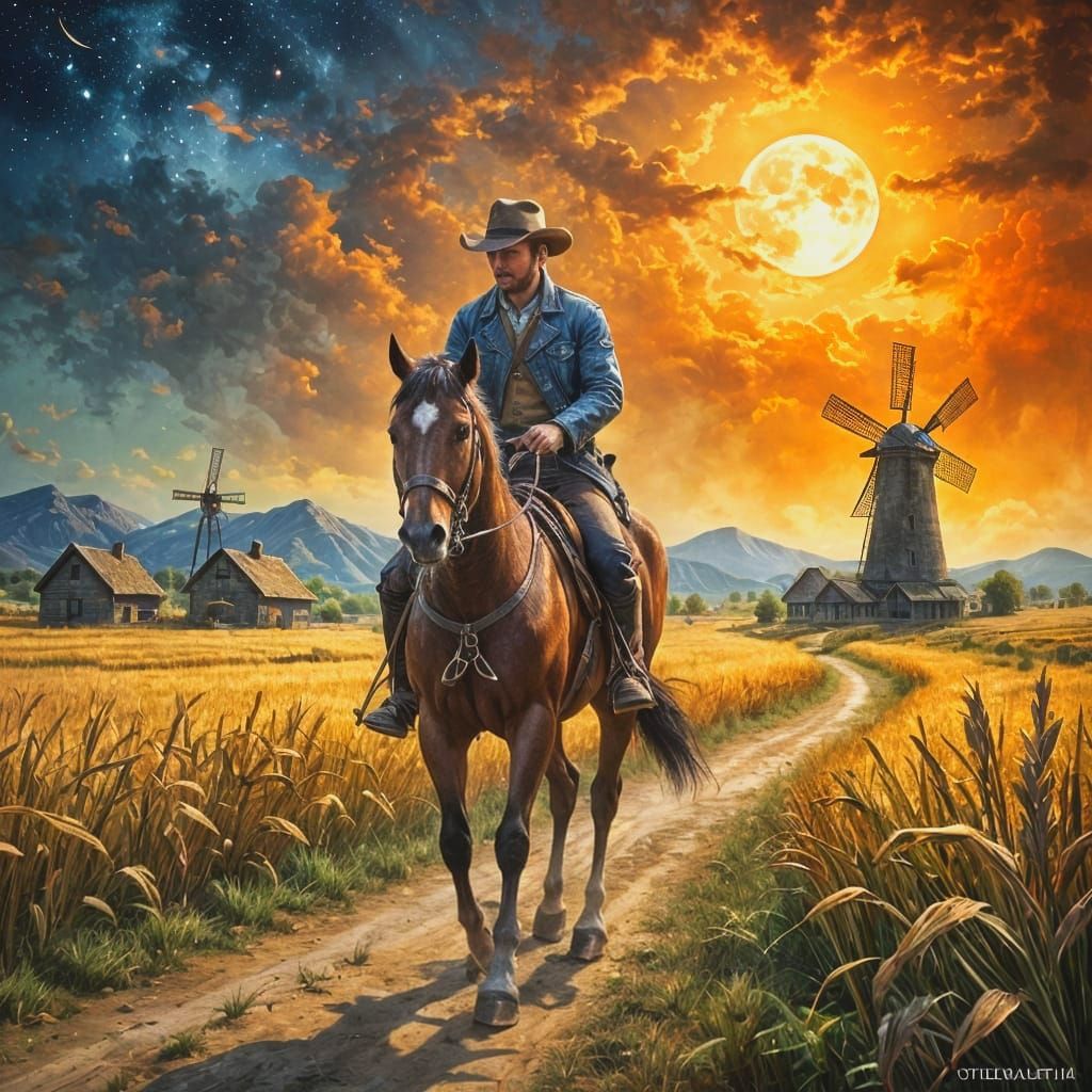 Oil painting. A gunslinger in a hat walking down a road through a cornfield, leading a horse. In the ...  by @p3pe