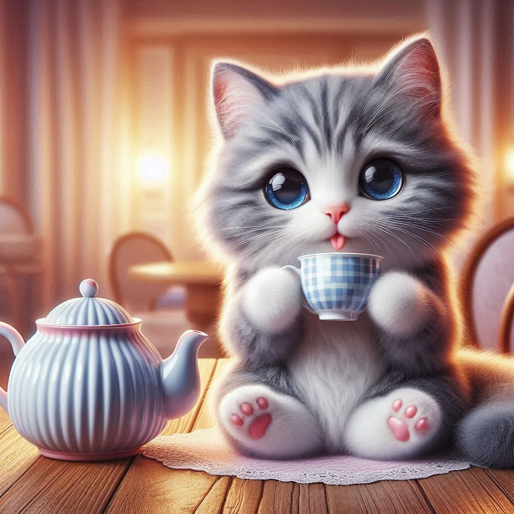 cat drinking tea