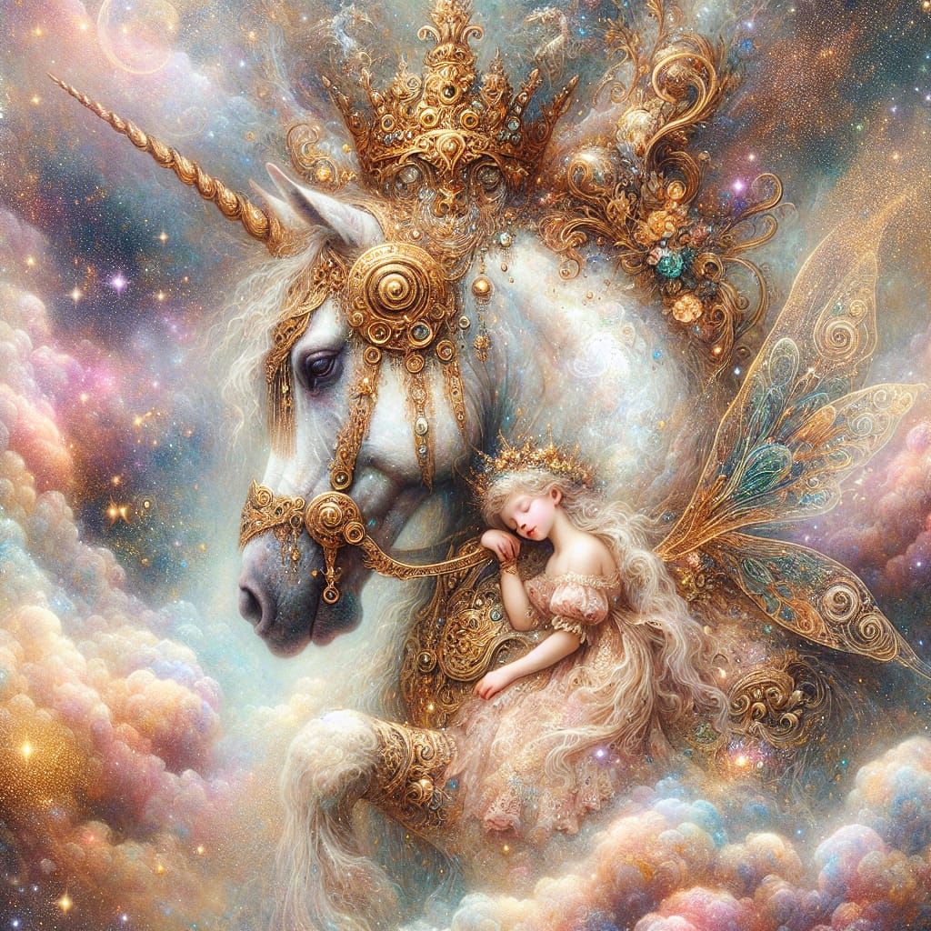 A mystical ethereal image of a unicorn's head adorned with intricate accessories. The unicorn features a detailed headdress, gold ornate tac...