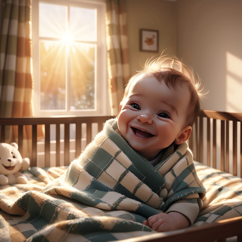 Smiling Baby in Crib: Warm, Cozy Matte Painting