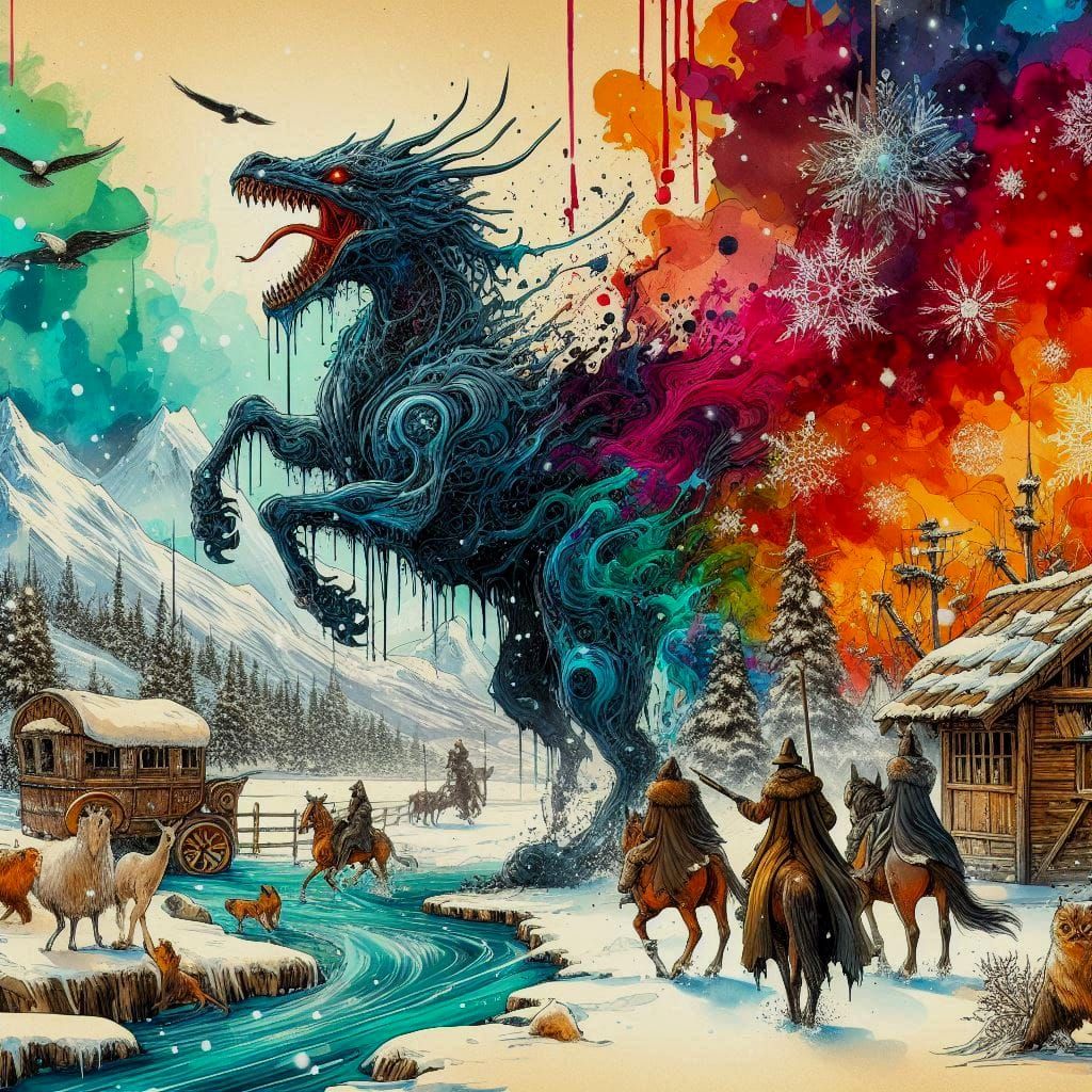 Winter is coming to Bosch Hell, liquid ink splatter, Dürer.